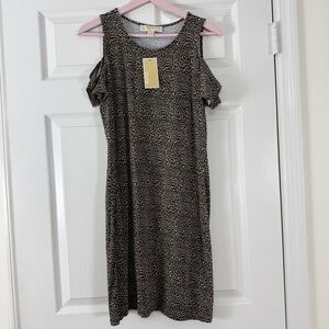 NEW Michael Kors Brown Leopard Print Cold Shoulder T-Shirt Dress Small